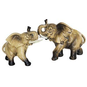 Vintage Lefton Elephant Figurine Set H2674 Trunk Up Lucky Gulfgate *FLAWS*